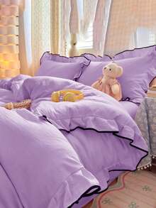 3 piezas Juego de ropa de cama de gasa con volantes (1*Funda nórdica + 2*Fundas de almohada), Suave y cómodo, Adecuado para dormitorio, Gran regalo - Lila Púrpura - Ver 7