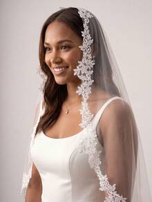 1pc Bridal Lace Trim Fingertip Length Wedding Veil With Comb, White/Ivory,Elegant,Party - Multicolor - View 3