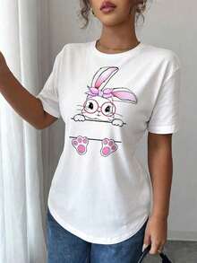 Playera de conejito de Pascua para mujer, Playeras de manga corta de talla grande para mujer, ideales para el verano y el uso diario, manga corta y cuello redondo, tela suave y transpirable - Blanco - Ver 2