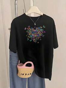Blusa básicos para el día a día, Playeras de manga corta de talla grande para mujer, ideales para el verano, Playera de mujer 2026 con mangas cortas, estampada con mariposas, corazones - Negro - Ver 1
