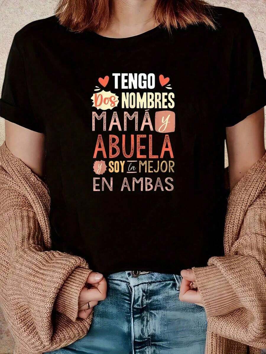 SummerCamiseta de Manga Corta Oversize para Mujer Talla Grande - Blusa Casual de Cuello Redondo con Estampado de Letras (Compatible con Alfabeto Inglés/Latino) - Ropa Cómoda para Primavera/Verano y Atuendos para el Día de la Madre - Camisetas Talla Grande para Mujer 1W-XXL+Fashion All-match Women's Short Sleeve T-shirt, Basic Style for Inner & Outer Wear - Negro - Ver 1