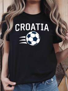 Camiseta de Mujer de Edición Limitada con Estampado de Fútbol Croata CROATIA, Perfecta para Reuniones de Fans en Días de Partido, Manga Corta Sencilla y Vibrante, Estilo Urbano para Uso Diario, Algodón Ligero. - Negro - Ver 7