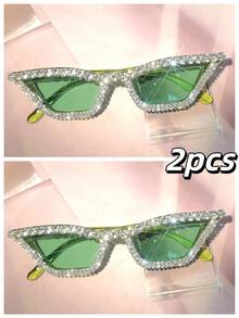 Eyeglasses#17078 1件裝水鑽裝飾密集反光閃亮鑽石效果女款可愛派對裝飾眼鏡，適合婚禮、音樂節、街拍、遊行裝飾，水晶裝飾粉色塑膠框，Y2K奢華度假派對穿搭，可愛時尚貓眼眼鏡，適合海邊穿搭、日系主題派對（附清潔布），自拍旅行酷炫COS，黑色、紅色、藍色、銀色、綠色、粉色 - 彩色 - 查看 38