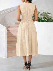 Vestido veraniego sin mangas de mediana longitud para mujer, de tela tejida con textura en color verde - Albaricoque - Ver 2