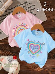 2pcs/Set Girls' Casual Top, Colorful Heart Print, Versatile Daily Wear, Suitable For School, Outing, Vacation - Multicolor - View 1