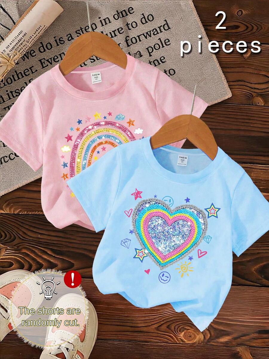2pcs/Set Girls' Casual Top, Colorful Heart Print, Versatile Daily Wear, Suitable For School, Outing, Vacation - Multicolor - View 1