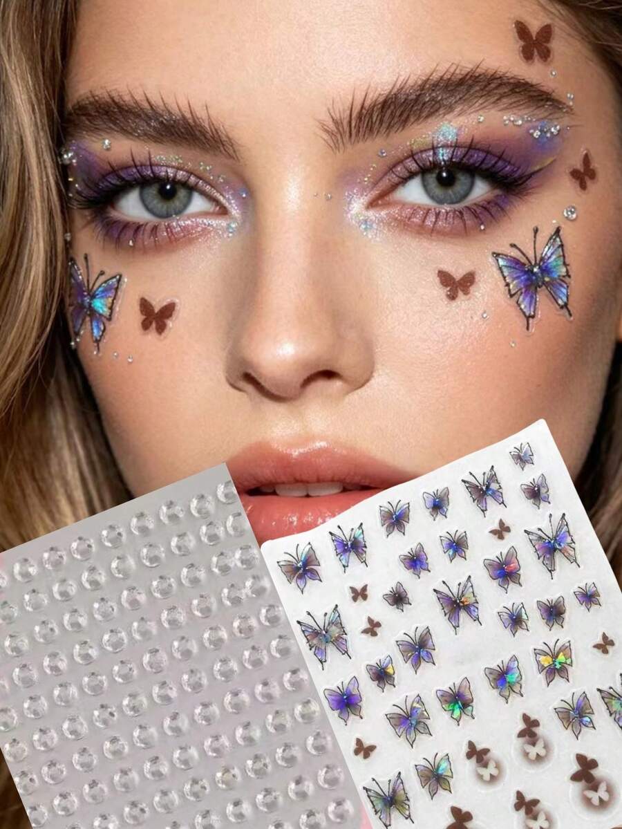 1pc Holographic Brown Butterfly Face Sticker, Transparent Crystal Decor, Waterproof Long-Lasting, Versatile Makeup Accessory For Stage, Music Festival, Photo Shoot - Multicolor - View 1