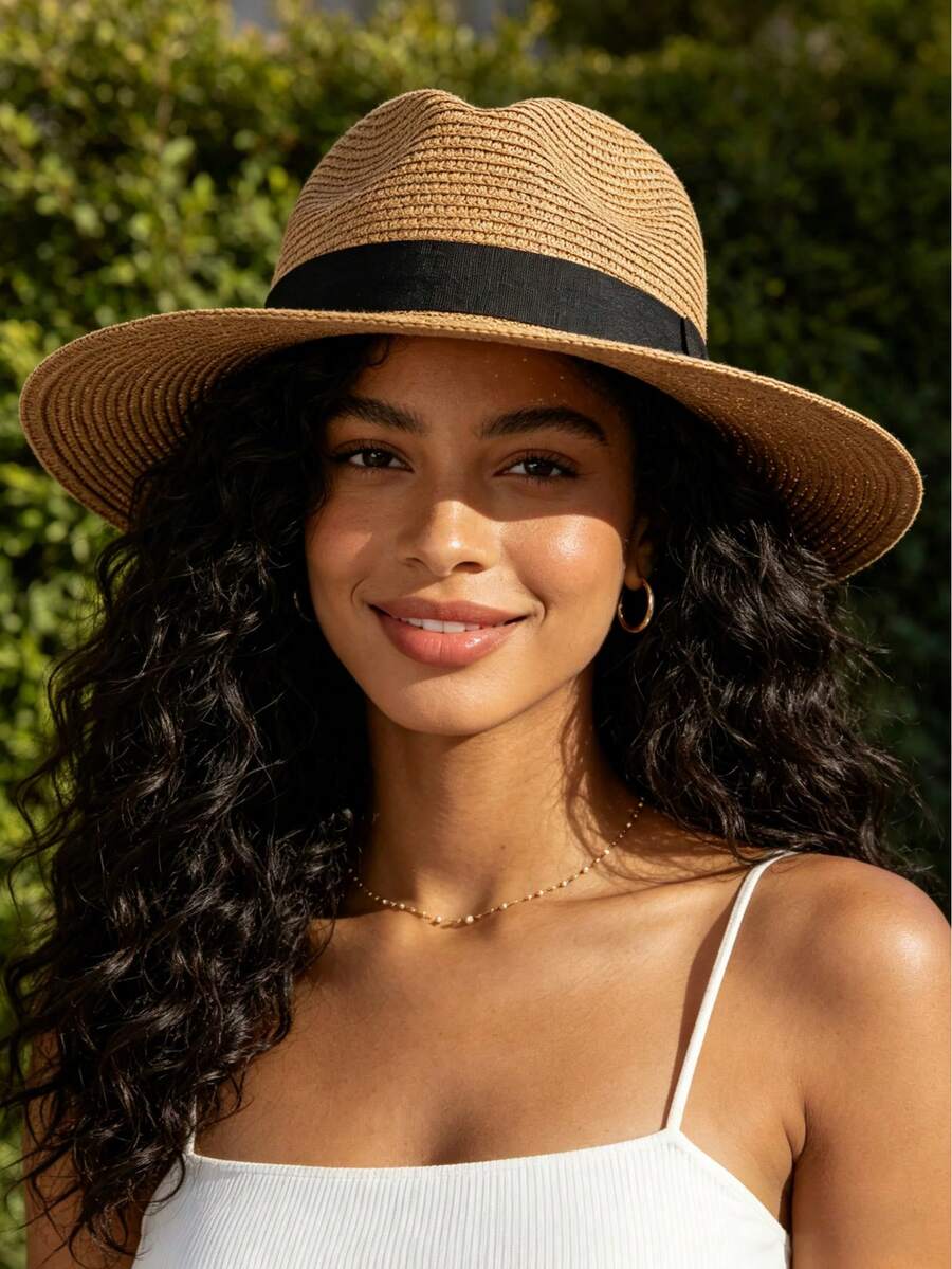 1 chiếc mũ rơm chống nắng mùa hè unisex, mũ rộng vành đi biển, mũ rơm Panama du lịch, mũ rơm chóp tròn, thích hợp cho kỳ nghỉ, lễ hội. - Nhiều màu - Xem 1