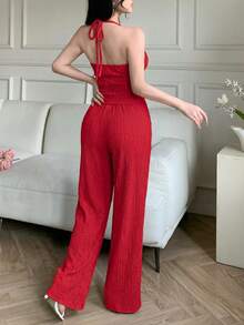 abyoxi 女款紅色深V領細肩帶上衣與高腰寬腿長褲兩件套，休閒通勤、復古辣妹風、日常出遊、約會、情人節，短上衣與長褲夏季穿搭 - 紅色 - 查看 2