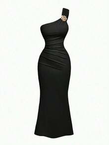 Vestido de cola de pez con cuello fruncido y decoración de broche azul - Negro - Ver 5