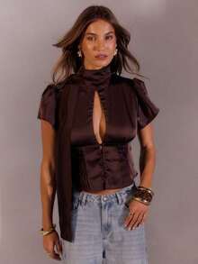 Blusa de satén ligera para mujer con cuello alto, detalle de bufanda, botones delanteros, mangas abullonadas, silueta ajustada, atuendos de verano para salir, blusas lindas, blusas elegantes, blusas de satén, blusa marrón - Café integral - Ver 3