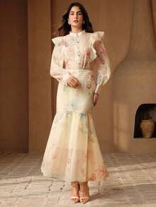 Falda elegante y romántica con estampado floral fresco y volantes en el bajo, de corte de sirena, para mujer, de , para primavera/verano - Albaricoque - Ver 3