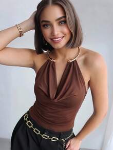 Glazenia Summer Elegant Fashion Sexy Metal Halter Neck Ruched Backless Solid Color Tank Top Casual Brown - Brown - View 2