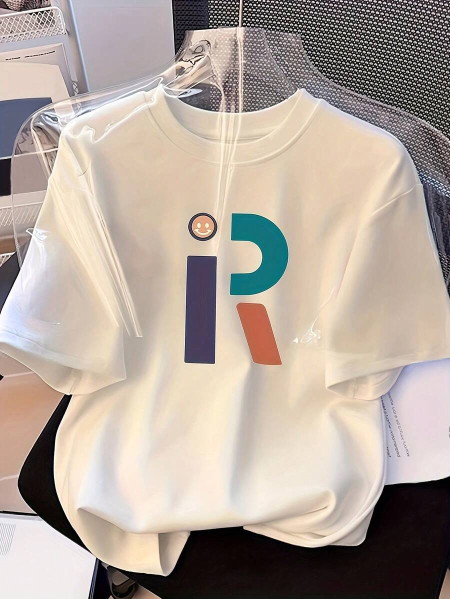 Women's Modern, Casual T-Shirt, Perfect For Parties And Lounging At Home. 100% Cotton, Loose Fit. Women's Oversized Casual T-Shirt - Short Sleeve, Crew Neck, With Colorful Geometric Letter Print, Breathable, For Summer, Machine Washable, Loose Fit, Ladies' T-Shirts, All-Season Clothing, Casual Outfit, Fun Print Design, Sheer Fabric, 100% Cotton - 白色 - 查看 1