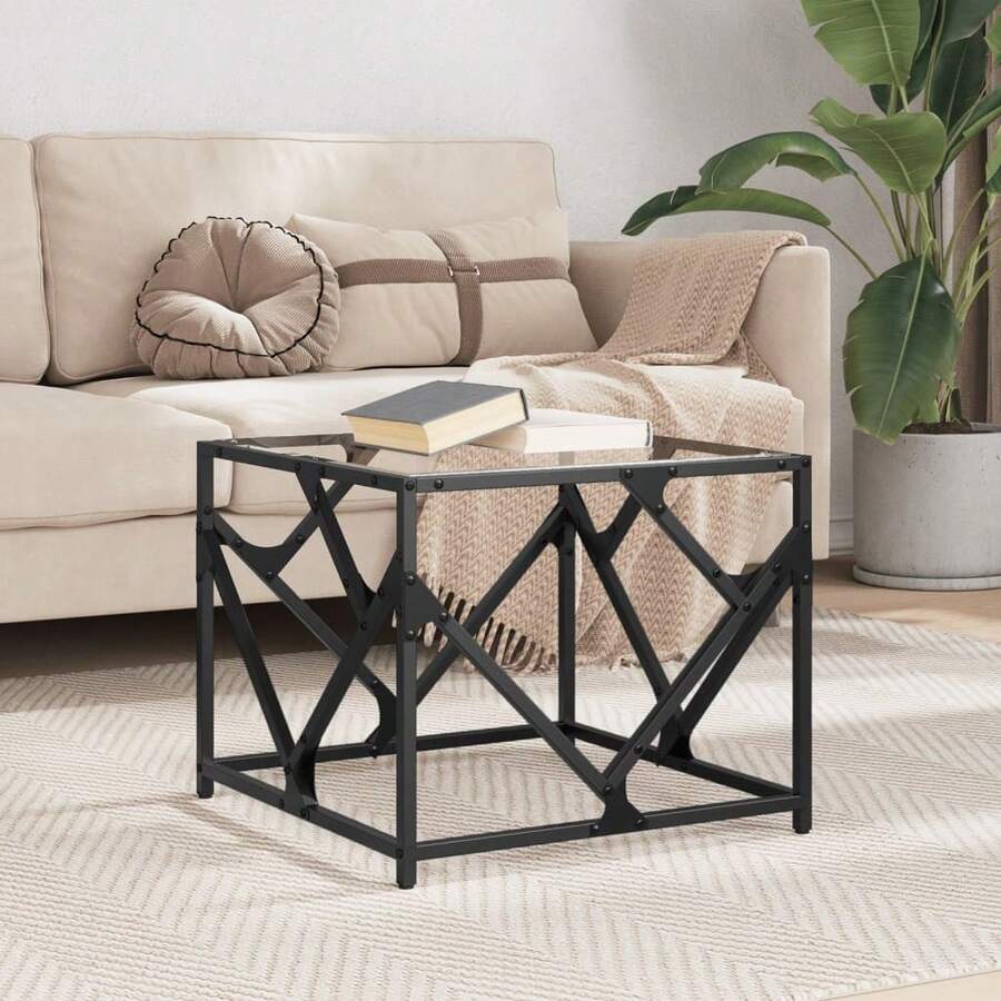 vidaXL Couchtisch mit Glasplatte Transparent 50x50x41 cm Stahl Wohnzimmer, Arbeitszimmer, Café, Garten, Poolbereich, Strand, Couchtisch, Beistelltisch, einfach zu montieren, Wohnaccessoires für Möbel. - Transparent - Übersicht 1