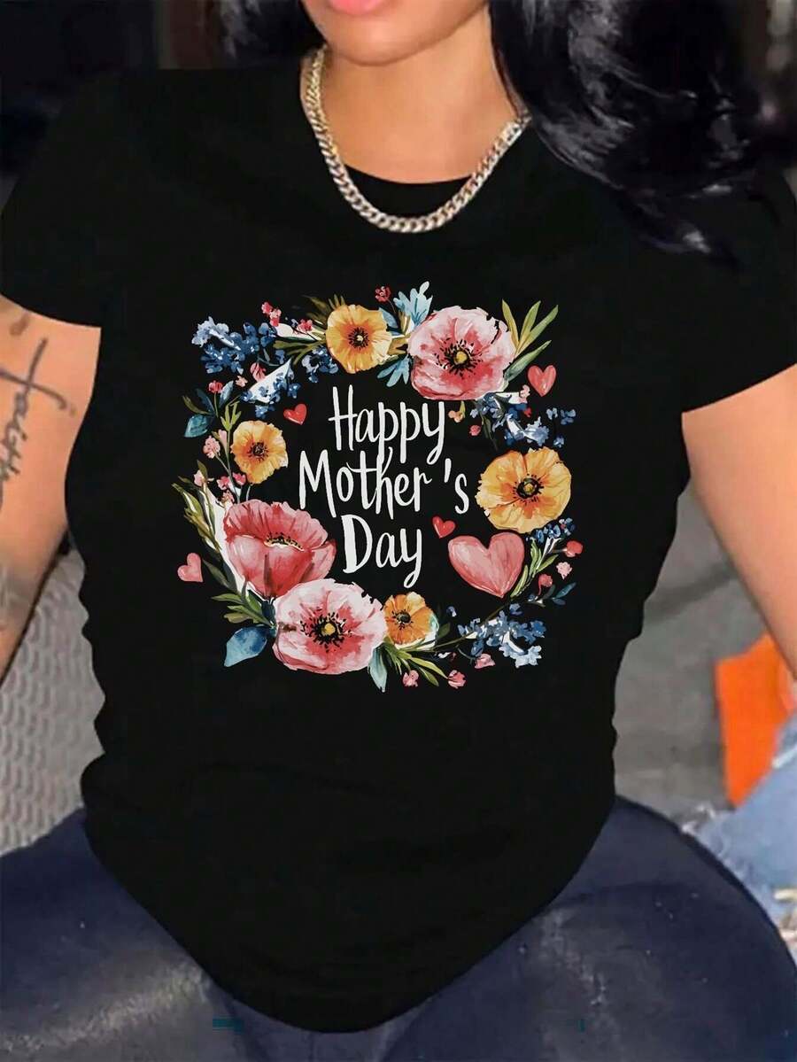Camiseta manga corta cuello redondo 100% algodón, estampado trendy, tejido ligero y ventilado, estilo moda casual, apta para vida diaria, salidas informales y citas en primavera, verano y otoño - Negro - Ver 1