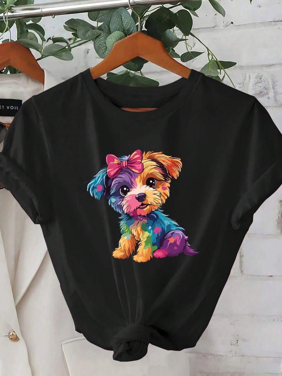Women's T-Shirt - Regular Fit With Short Sleeves, Featuring A Cute And Fun 2D Geometric Design Of Colorful Dogs With Bows, Casual Short-Sleeved Round Neck T-Shirt Suitable For All Seasons, Available In Various Colors And Sizes, Holiday Fashion, Retro Aesthetic, Breathable Material, Interesting Prints. - 黑色 - 查看 1