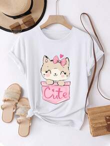 Women's T-Shirt, Comfortable And Casual, Short Sleeve And Round Neck, With Pink Cat Pocket Design, Cute And Fun Design, Regular Length, Suitable For All Seasons, Everyday Fashion, Ideal For Women's Spring And Summer Clothing. - 白色 - 查看 1