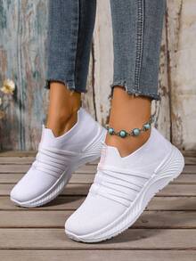 Women'S Slip-On Casual Athletic Shoes, Breathable Mesh Pastel Striped Design Tennis Shoes, All-Season Lightweight ComfortableIndoorOutdoorRunningShoes - 白色 - 查看 3