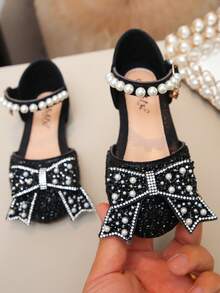 Girls' Soft Sole Flat Sandals With Pearl & Bowknot Decor, Breathable & Rhinestone Embellished - Black - View 4