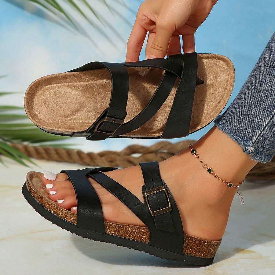 Sandals For Women Buckle Cork Slides Platform Summer Lightweight - 黑色 - 查看 1
