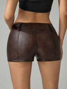 Shorts Casuales de Color Sólido con Cierre Frontal para Mujeres Altas, Micro Shorts - Marrón - Ver 2
