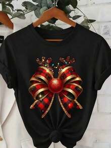 NewSummerCasualPlayera con diseño de moño navideño, con cuernos de reno, playera estampada, con colores de temporada, ideal para uso diario, llamativo, moderno, holgado, cuello redondo, manga corta, ideal para toda la familia-Vintage Street Style Unisex Loose Cotton Short Sleeve Crew Neck T-Shirt - Negro - Ver 1