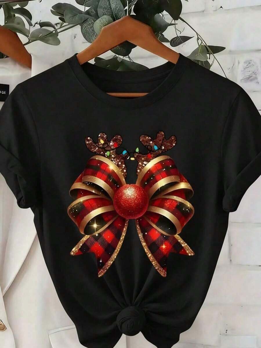NewSummerCasualPlayera con diseño de moño navideño, con cuernos de reno, playera estampada, con colores de temporada, ideal para uso diario, llamativo, moderno, holgado, cuello redondo, manga corta, ideal para toda la familia-Vintage Street Style Unisex Loose Cotton Short Sleeve Crew Neck T-Shirt - Negro - Ver 1