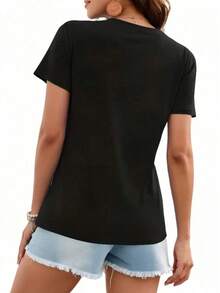 Camiseta gráfica divertida para mujer con frase en español y estampado naranja. suave y transpirable. Top informal de manga corta para uso diario y ocasiones divertidas. AQS0 - Negro - Ver 2