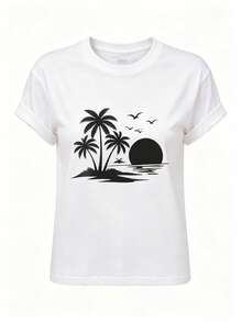 Envío local:Camiseta 100% Algodón, Diseño Playa Palmeras Atardecer, Estilo Casual Veraniego para Mujer - Blanco - Ver 3