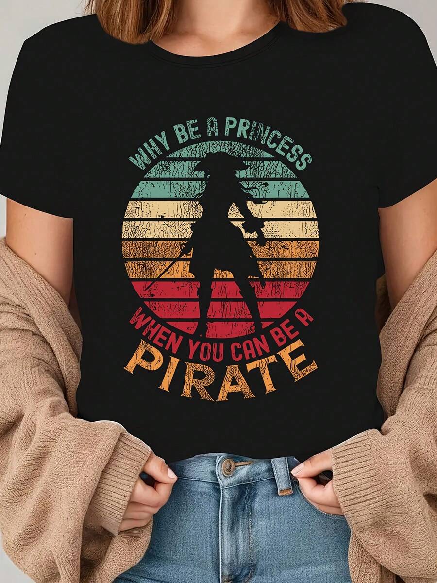 Size - Size - Pirate Silhouette And Retro Sunset Elements. Why Be A Princess When You Can Be A Pirate? Fashionable, Casual, Round Neck T-Shirt With A Print, Perfect For Spring And Summer, For Women. Lively, Suitable For Outings And Outdoor Activities. - 黑色 - 查看 1