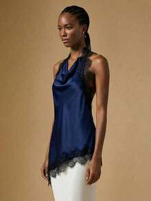 Blusa de verano con escote halter, espalda descubierta y bajo asimétrico con encaje en contraste - Azul marino - Ver 5