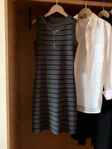 Vestido de mujer de cuello redondo ajustado sin mangas con estampado de rayas, primavera/verano - Multicolor 4 - Ver 3