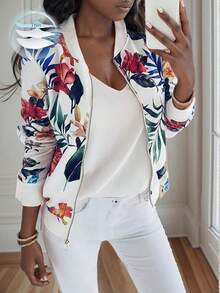 Chaqueta con cremallera con estampado floral casual para mujer - Multicolor 4 - Ver 9
