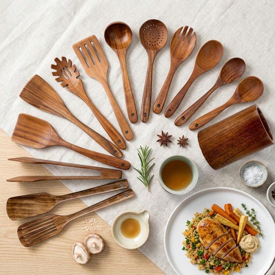 AIUHI Bộ 14 món dụng cụ nấu ăn bằng gỗ, bao gồm thìa gỗ, muỗng xới, v.v. Đồ dùng nhà bếp tự nhiên, chống dính và không làm trầy xước.