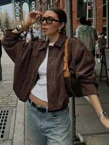 女款高街休閒麂皮夾克，時尚素色翻領長袖拉鍊外套，春/秋度假新款優雅外衣 - 咖啡棕 - 查看 7