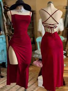 Vestido con abertura de unicolor para mujer - Rojo - Ver 1