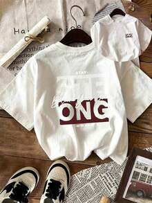 Nueva Colección 2026: Camiseta de Algodón para Mujer, Oversize, Blanca, con Estampado 'Strong', Casual, Manga Corta, Cuello Redondo, Hombros Caídos, Algodón Ligero - Blanco - Ver 2