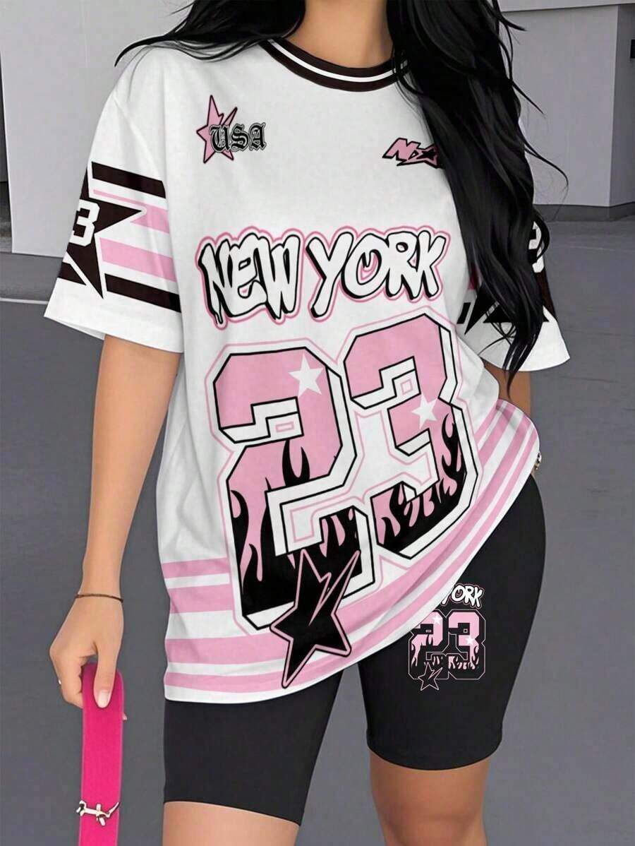 Conjunto de camiseta y pantalones cortos de ciclista con estampado gráfico de número 13 y eslogan, de moda casual para mujer - Multicolor 4 - Ver 1
