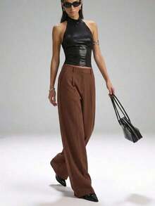 Pantalones casuales y versátiles de cintura alta con pierna ancha de unicolor - Café integral - Ver 6