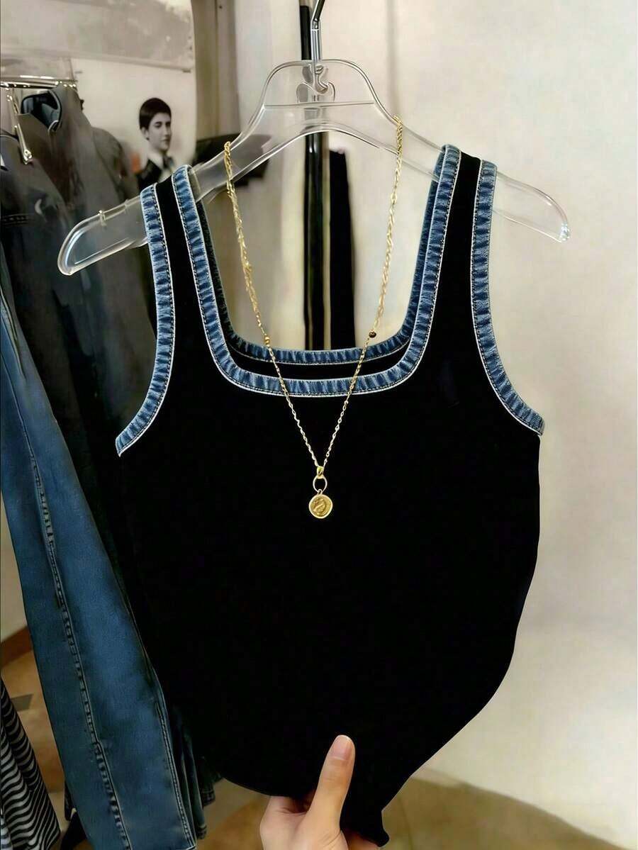 Top ajustado de mujer con ribete de color contrastante - Negro 2 - Ver 1