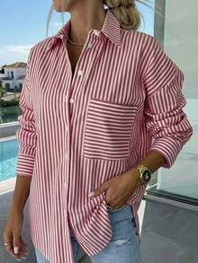 Camisa a rayas de manga larga para mujer talla grande, de corte holgado y casual para uso diario y en la primavera/verano, color rosa - Rosa Fucsia - Ver 4