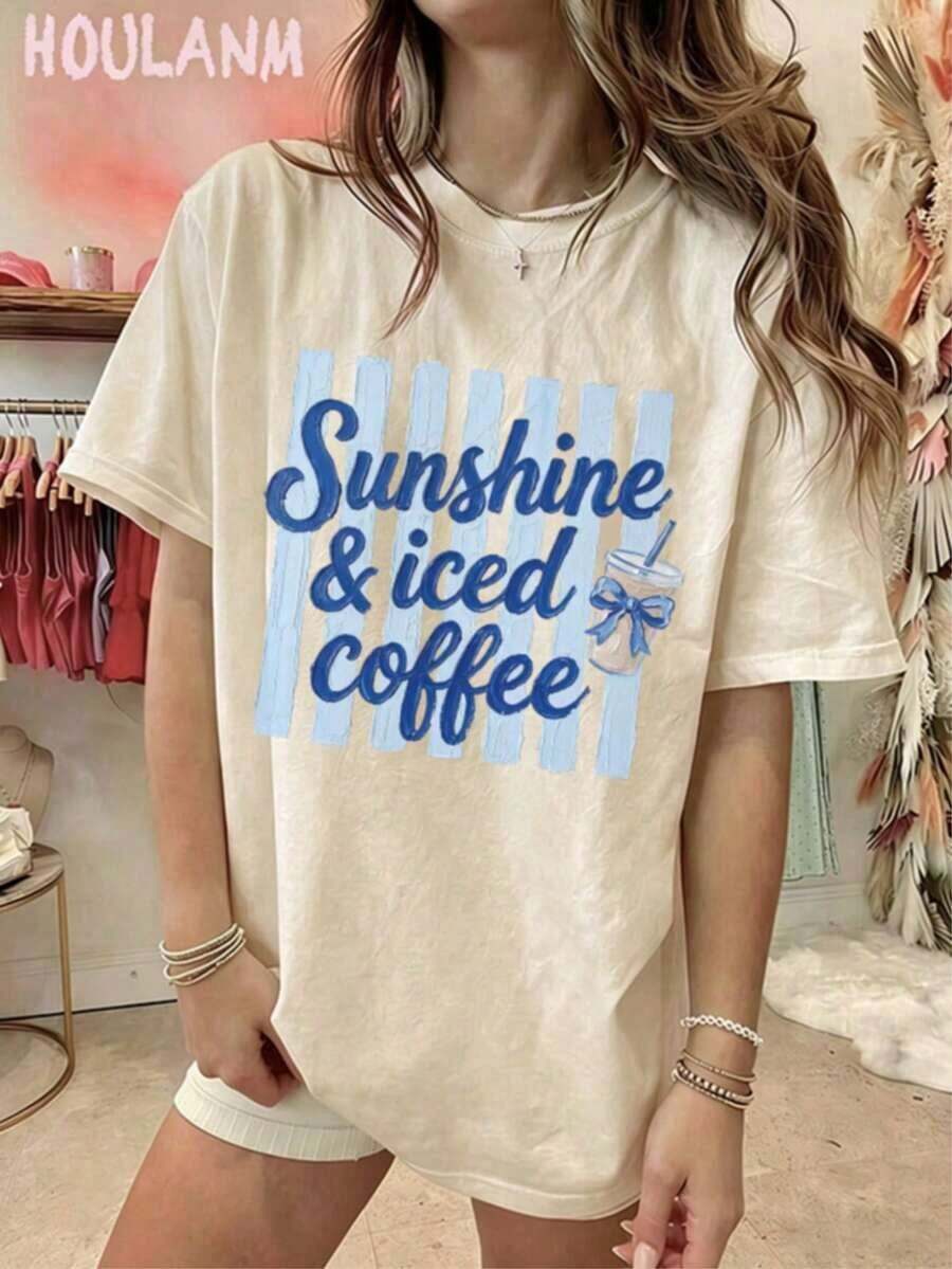 New Arrival 2026: Orange Mug Print T-Shirt "Iced Coffee And Sunshine" | Women's Clothing, Loose Fit, Summer Tops, Spring Style, Cozy Aesthetic T-Shirt, Soft And Breathable Fabric, Fashionable 100% Cotton, Women's Everyday Graphic Print T-Shirt - 自然色 - 查看 1
