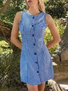 Vestido midi casual de mujer con abertura frontal a cuadros rojos para vacaciones - Azul marino - Ver 6