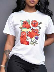 Drawing Of A Cute Smiling Red Panda That Conveys Joy And Youthful Energy With Details Of Stars And Colorful Ribbons, Comfortable And Modern Women's T-Shirt, Casual Short Sleeve. - 白色 - 查看 1