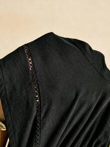 Camisa casual de mujer de unicolor con cuello en V y detalle de nudo en la parte delantera, de manga larga - Negro - Ver 9