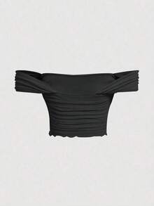 Top de hombros descubiertos fruncido de malla - Negro - Ver 2