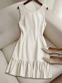 Vestido casual mini de mujer con tirantes de amarre, espalda descubierta, sin mangas, corte evasé y dobladillo con volantes - Albaricoque - Ver 7