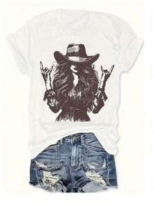 Women's Clothing Cheap And Affordable Women's T-Shirt, Cowboy, Rock, Western Style, With Silhouette Print, Casual Fashion, Short Sleeve, Fitted Summer Style, Round Neck, Women's Shirts - 白色 - 查看 1