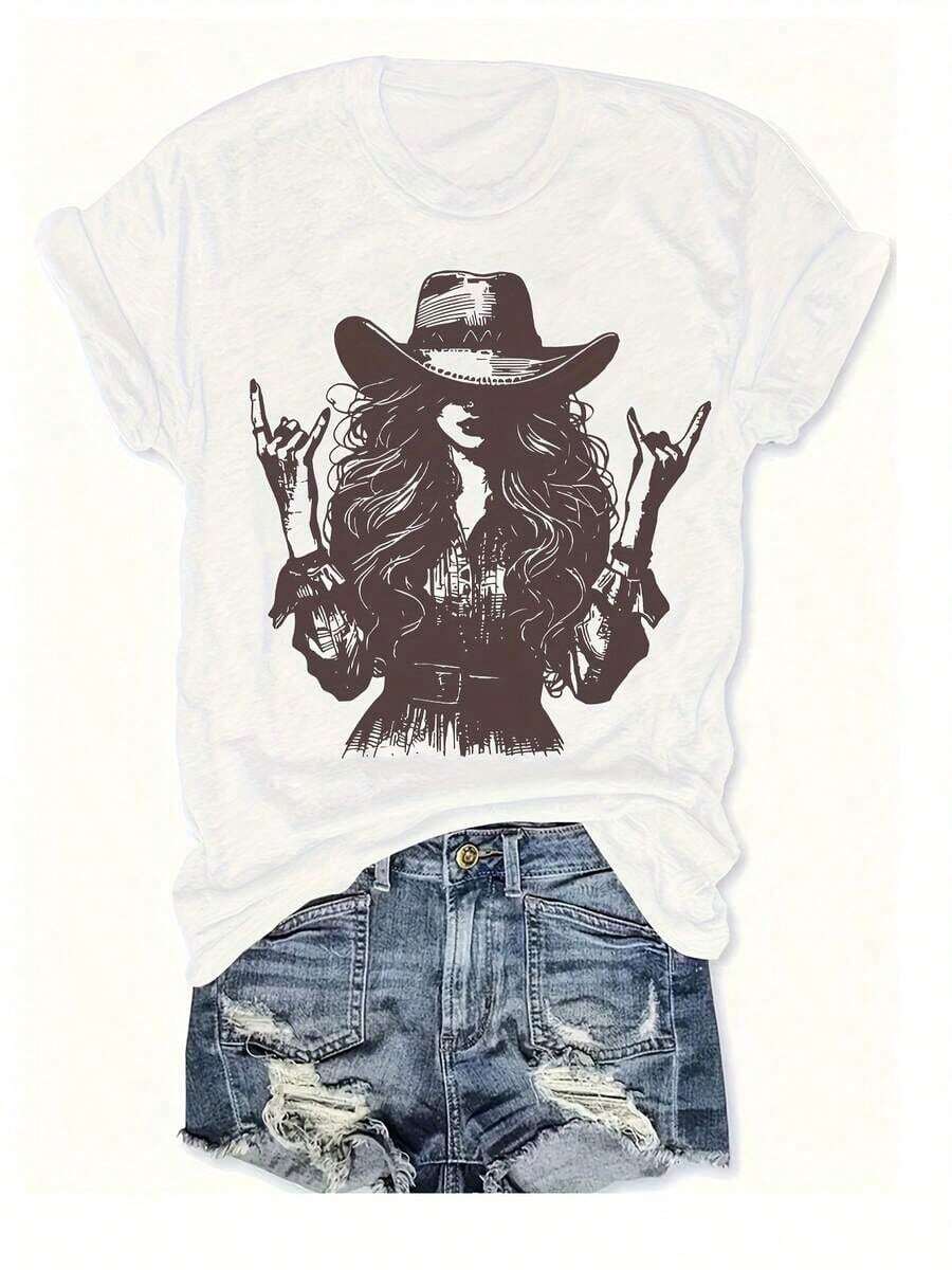 Women's Clothing Cheap And Affordable Women's T-Shirt, Cowboy, Rock, Western Style, With Silhouette Print, Casual Fashion, Short Sleeve, Fitted Summer Style, Round Neck, Women's Shirts - 白色 - 查看 1